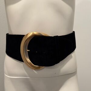 Vintage Donna Karan wide black suede belt with a large gold-tone buckle